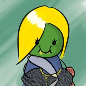 Die orkische Heldin Erika beißt ein Stück aus dem Körper einer riesigen Fliege und sieht zufrieden zum Leser